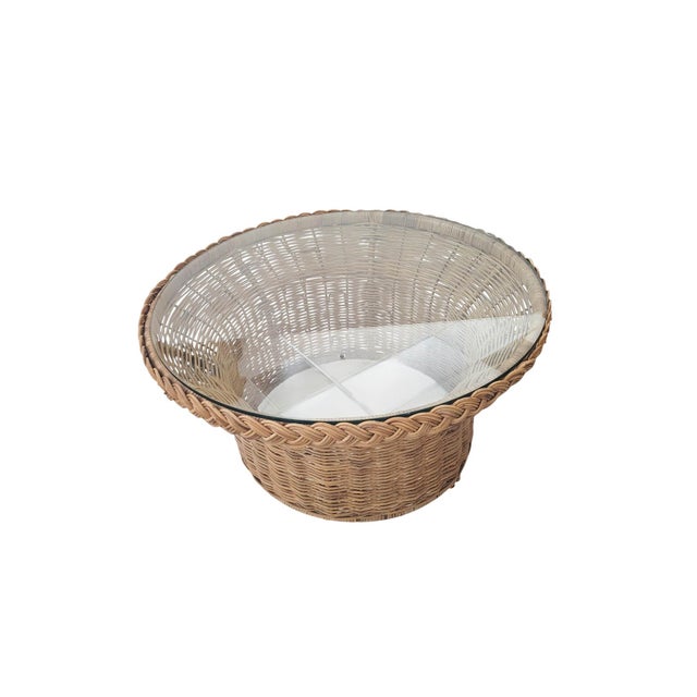 Coastal Natural Wicker /Rattan Coastal Style Round Cocktail Table With Glass Top For Sale - Image 3 of 8