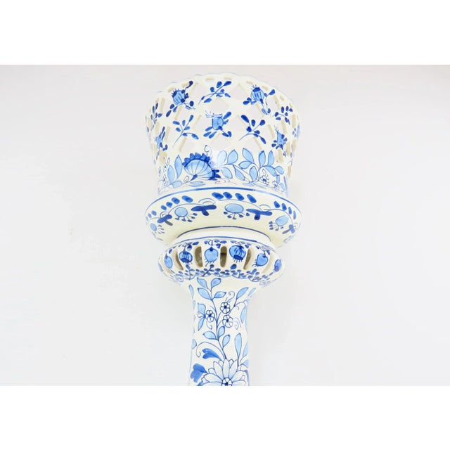 1970s Vintage 1970s Spanish Ceramic Blue & White Reticulated Jardiniere Planter on Pedestal For Sale - Image 5 of 12