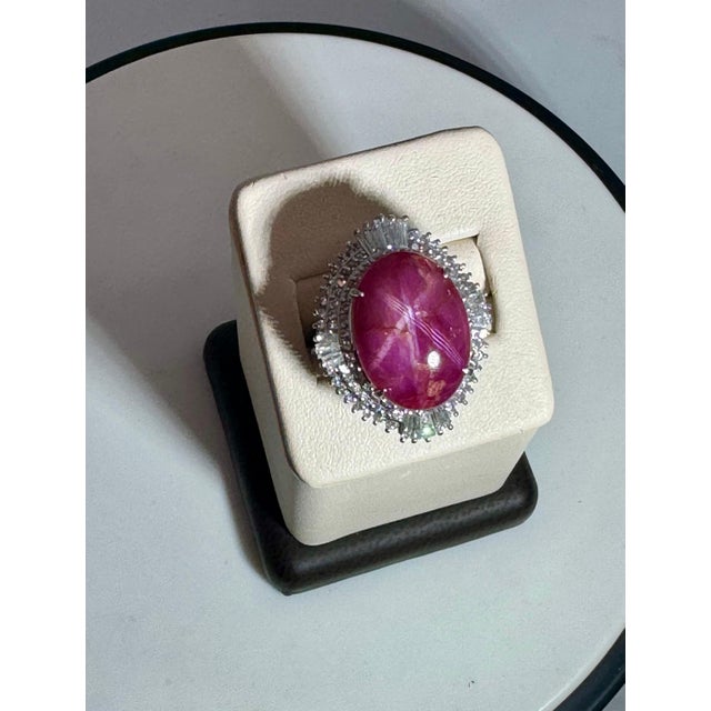Vintage 21 Ct Star Oval Natural Ruby Cabochon & 2.45 Ct Diamond Ring , Platinum For Sale - Image 18 of 18