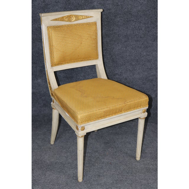 1950's Set 10 Louis XVI French Empire Style Painted Parcel Gilt Dining Chairs For Sale - Image 11 of 13