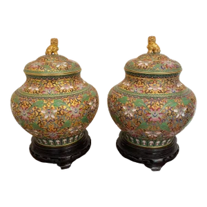 Early 20th Century Large Japanese Cloisonne Lidded Jar Urn - a Pair