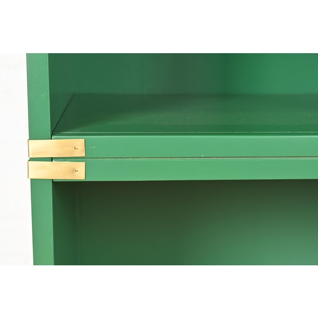 Thomasville Mid-Century Hollywood Regency Campaign Green Lacquered Bookcases on Hairpin Legs, Newly Refinished For Sale In South Bend - Image 6 of 12