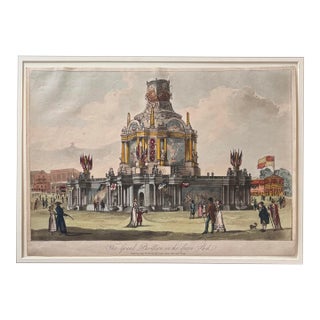 1814 Historical Hand Colored Etching of the Grand Pavilion Erected in Green Park, London. For Sale