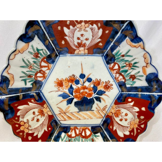 1900 - 1909 Antique Hexagonal Imari Plate Hand Decorated With Vibrant Floral Patterns - Circa 1900 For Sale - Image 5 of 11