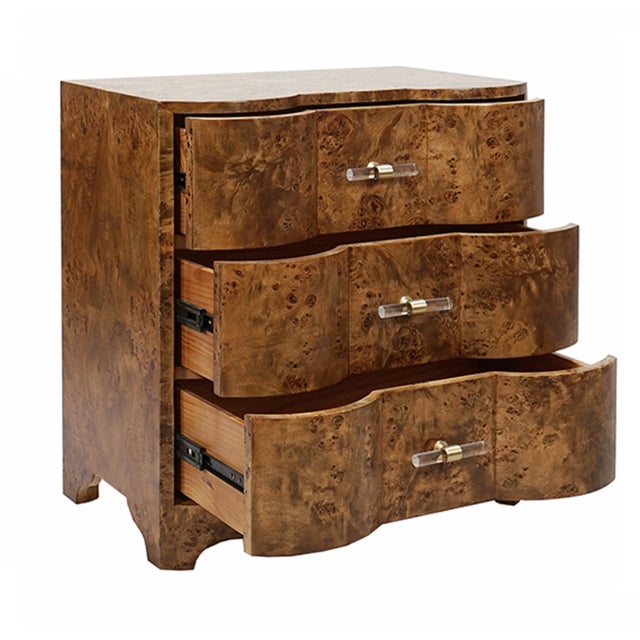 Contemporary Matthew Izzo Home Calvin Dark Burlwood Three Drawer Side Table With Acrylic Drawer Pulls For Sale - Image 3 of 6