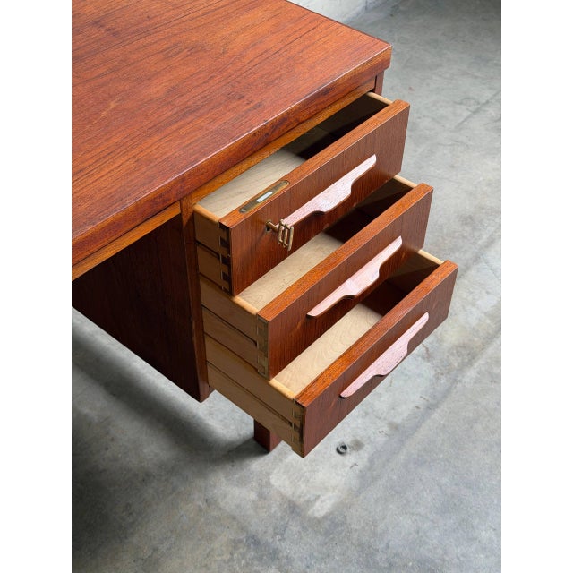 Brown Vintage Danish Teak Executive Desk Mid Century Modern Writing Desk Finished Back Office Desk For Sale - Image 8 of 10