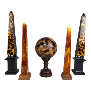Collection of Faux Tortoise Shell Obelisks and Paper Machè Decorative Sphere For Sale