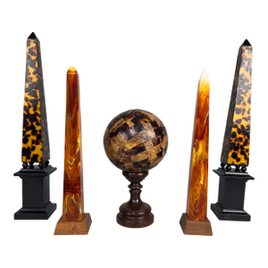 Collection of Faux Tortoise Shell Obelisks and Paper Machè Decorative Sphere
