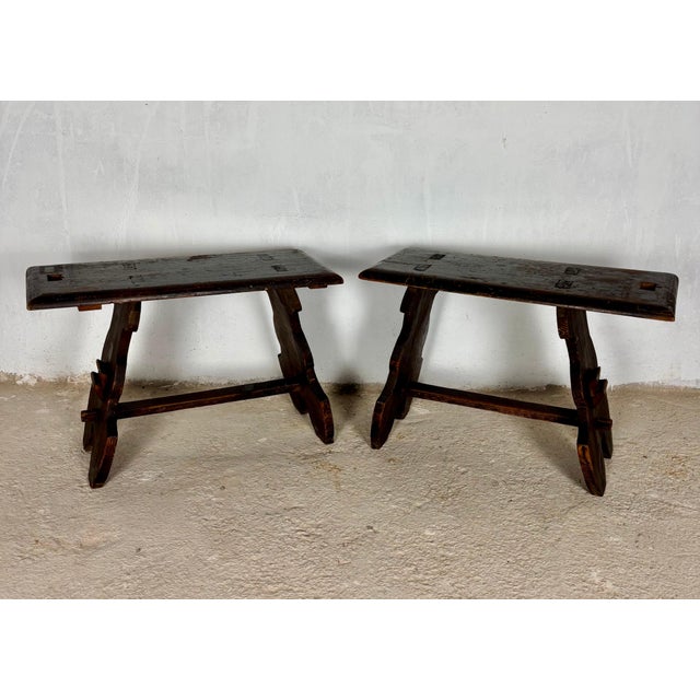 Wood Pair of Rustic Spanish Wooden Stools, 1900s For Sale - Image 7 of 12