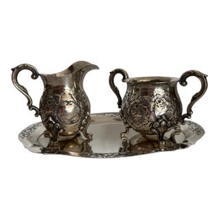 Mid 20th Century Sterling Silver Tray With Milk and Sugar Bowl - Set of 3 For Sale