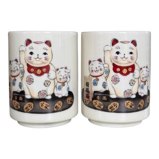 Japanese Beckoning Cat Cups - A Pair For Sale
