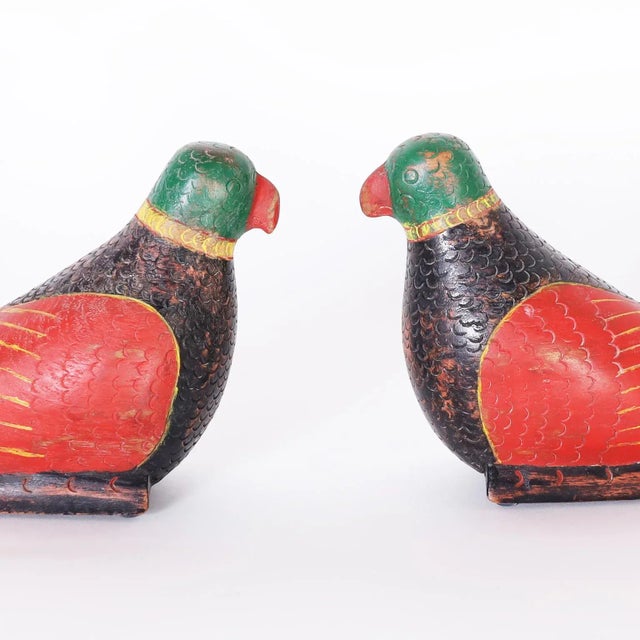 Pair of Anglo Indian Carved and Painted Wood Parrots For Sale - Image 4 of 10