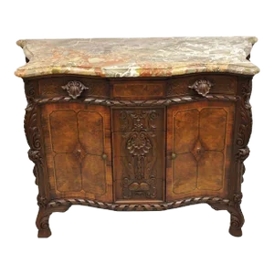 Early 20th Century French Louis XV Baroque Style Carved Burl Walnut Rouge Marble Top Commode Server