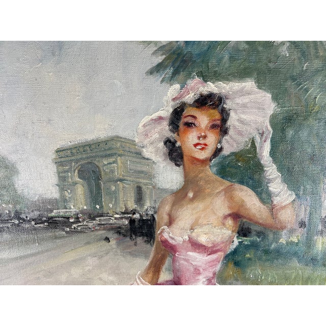 Eugène Lelièpvre, Woman in a Pink Dress in Front of the Arc De Triomphe, Paris, 1950s, Oil on Canvas, Framed For Sale - Image 6 of 13