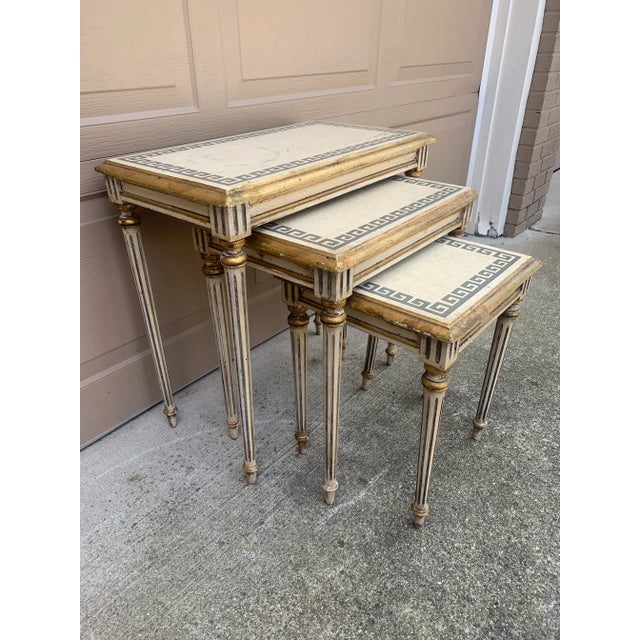 Mid 20th Century Italian Greek Key Nesting Tables in Aged Silver Leaf & Gilt, Set of Three For Sale - Image 5 of 13