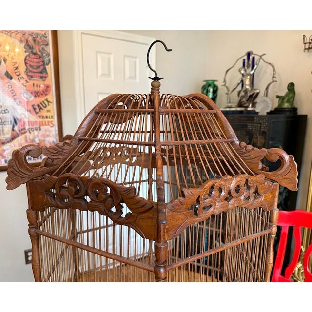 Art Nouveau Beautiful Decorative Large Antique Wooden Ornate Pagoda Style Bird Cage For Sale - Image 3 of 18