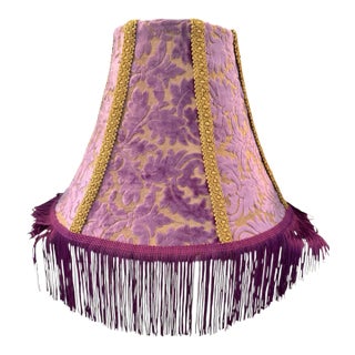 Vintage Purple Velvet Leaf Lamp Shade With Gold Trim & Purple Chainette Fringe For Sale