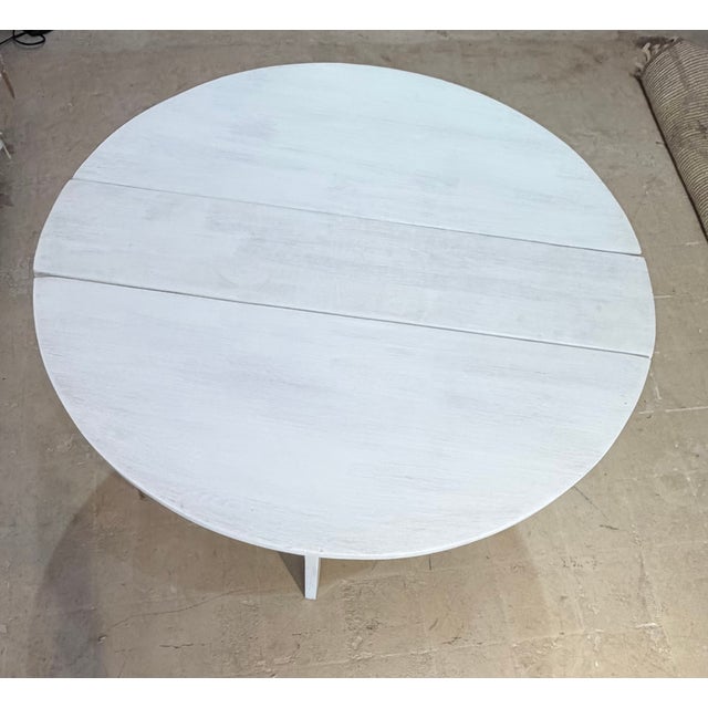Rustic European Vintage Whitewashed Drop-Leaf Round Accent Table in the Swedish Country Style For Sale - Image 3 of 8
