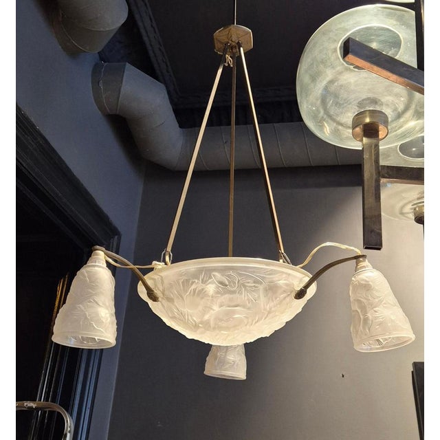 Art Nouveau Chandelier with Glass Shades and Decor of Poppies, France, 1920s For Sale - Image 3 of 8