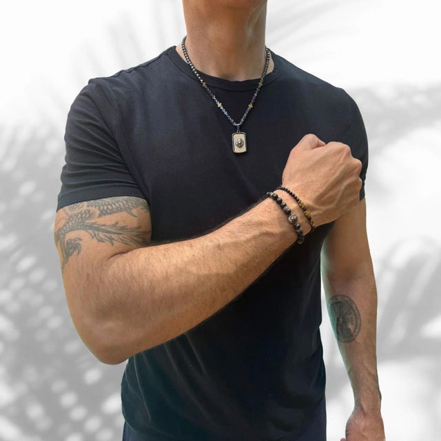 Sterling Silver Lion Pendant Hematite Stone Beaded Men's Necklace For Sale - Image 4 of 9