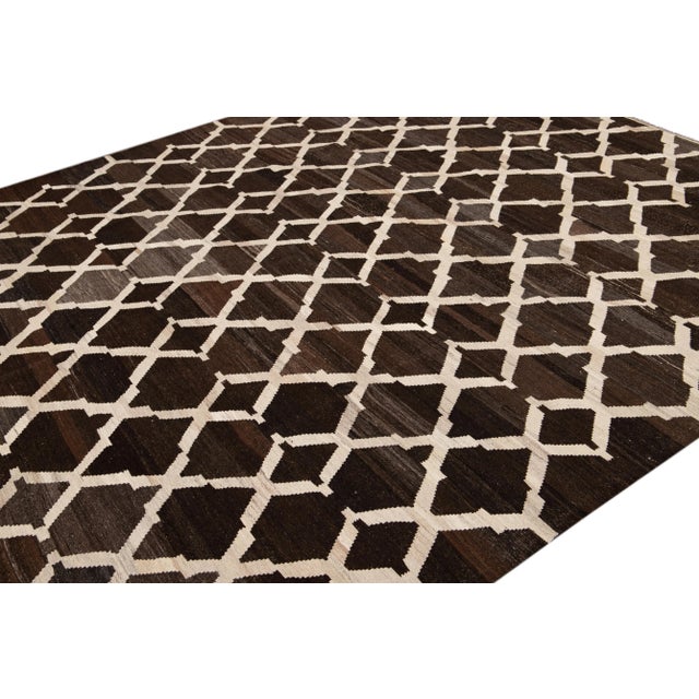 Contemporary Brown Flaweave Kilim Wool Rug With Trellis Design For Sale - Image 4 of 7