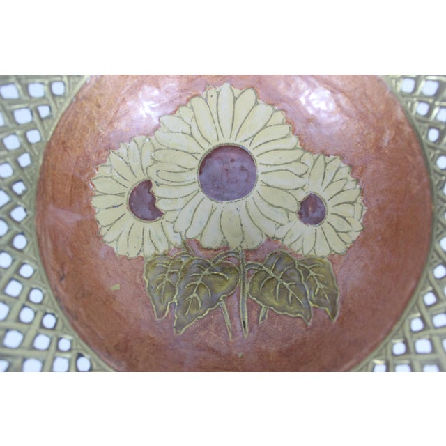 Brass Vintage Pierced Edge Sunflower Enamel Brass Trinket Pedestal Dish For Sale - Image 8 of 8