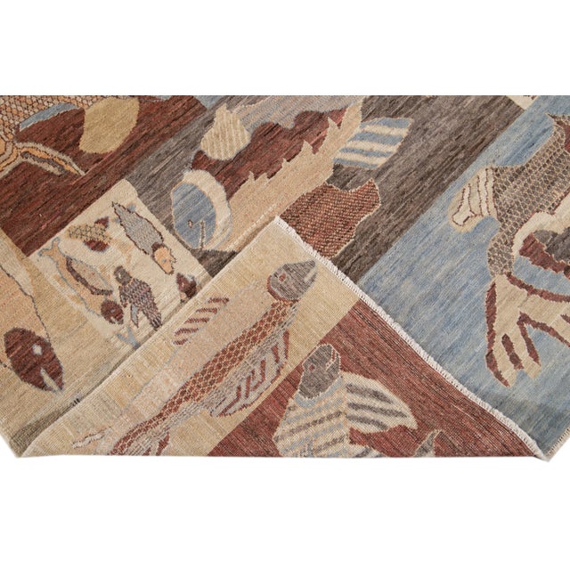 Colorful Modern Fish Design Wool Rug For Sale - Image 10 of 13