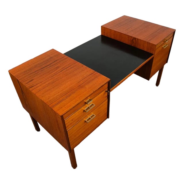 Mid Century Danish Modern Executive Desk Black Top Brass 5 Drawer File Denmark For Sale