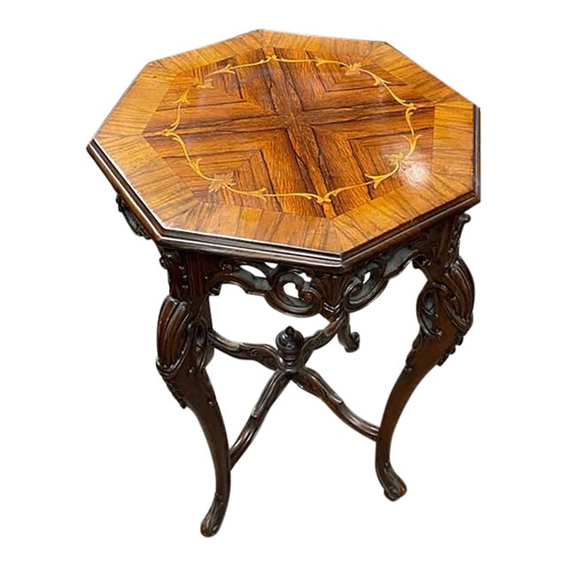 Antique Wooden Inlay Octogonal Top Table, Hand Carved Mahogany, 4 Legs For Sale