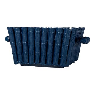 Tole Bamboo Square Planter in Navy, Large For Sale