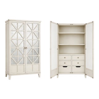 Hickory Chair Weathered White Mirrored Display Armoire Cabinet With Adjustable Shelves & Drawers, Attributed For Sale