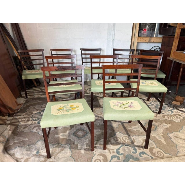 Art Deco Mid 20th Century Set of 8 High Ladder Back Rosewood Tapestry Leg Dining Chairs For Sale - Image 3 of 17