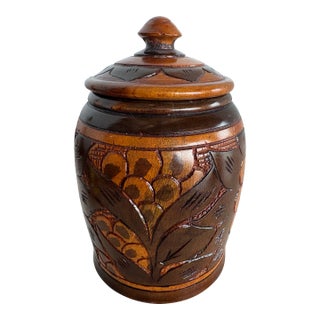 Mid 20th Century Hand-Carved Wooden Canister With Floral Relief, Rustic Folk Art Storage Vessel For Sale