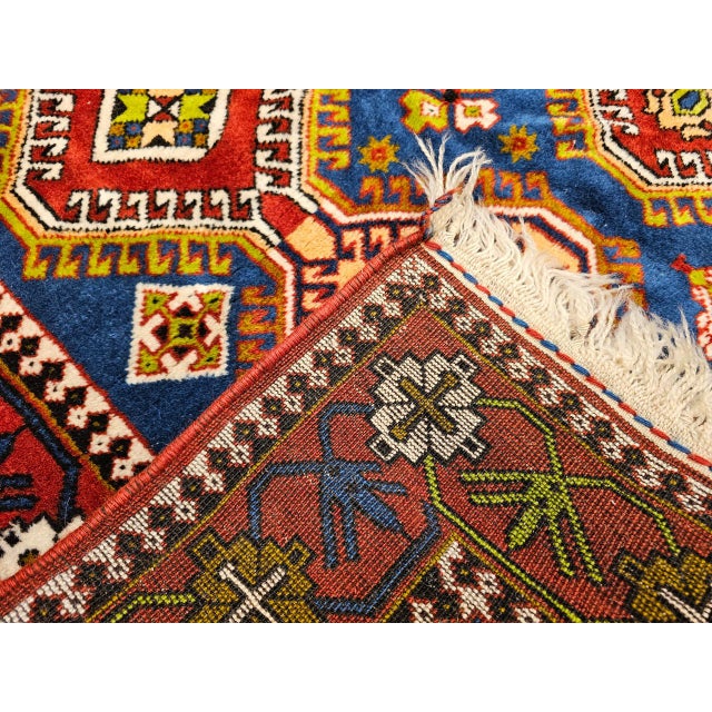 Vintage Persian Shiraz Yalameh Tribal Area Rug, Hand-Knotted Wool, Allover Geometric Pattern, Blue & Red, 3x5 For Sale - Image 16 of 17