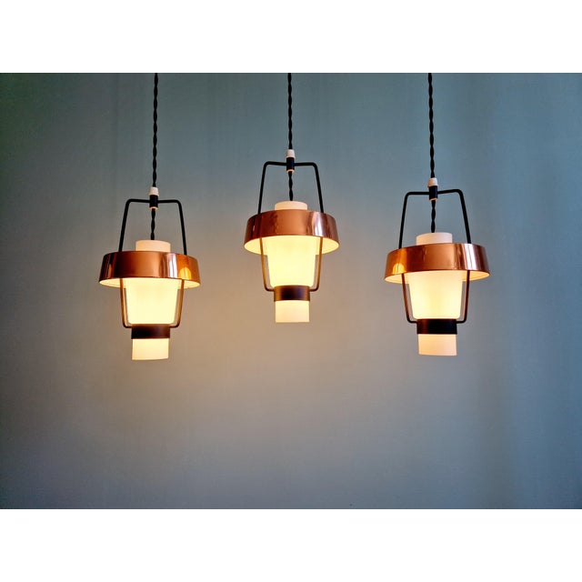 Scandinavian Pendant Lights in White Opaline and Copper Metal, 1960s, Set of 3 For Sale - Image 16 of 18