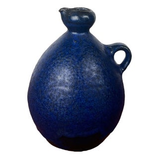 Mid-Century Modern Brutalist German Studio Pottery Blue Carafe Vase by Gerhard Liebenthron, 1975 For Sale