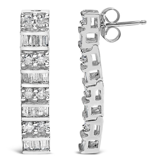 Contemporary 14K White Gold 1 1/3 Cttw Alternating Round And Baguette Diamond Drop Earrings (H-I Color, SI2-I1 Clarity) For Sale - Image 3 of 6