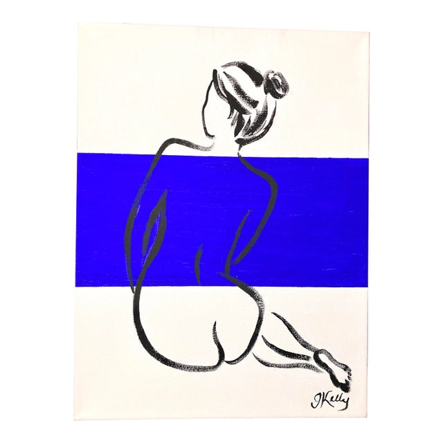 Contemporary Figure with Electric Blue Stripe Acrylic Painting by Gretchen Kelly For Sale