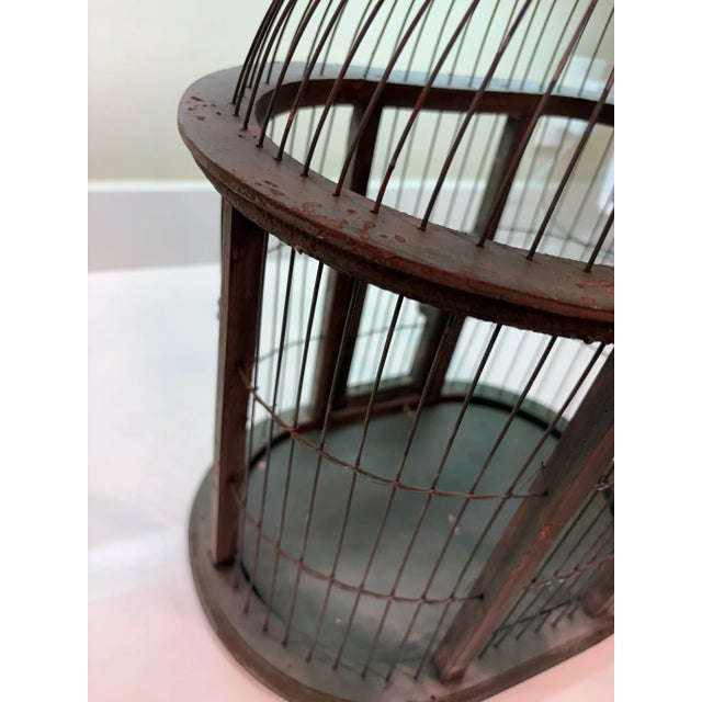 Vintage Olive Green Distressed & Weatherd Wood & Wire Birdcage With Dome Top For Sale - Image 11 of 13