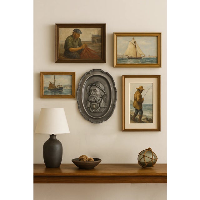 This vintage cast pewter Old man of the sea/fisherman plaque made in Germany, captures timeless maritime character with...