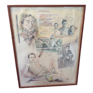 1977 Douglas James Johnson Original Drawing "Auden Group" in Museum Bark Frame