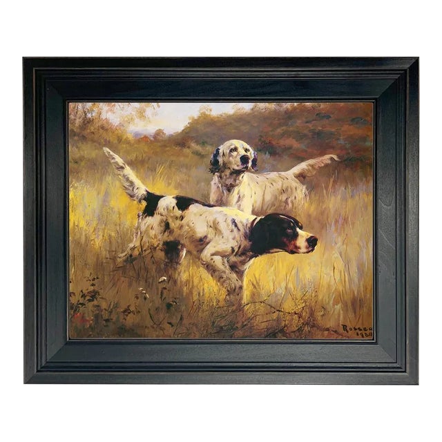 "English Setters" Print on Canvas in Distressed Black Frame- 11" X 14" Framed to 14-1/2" X 17-1/2" For Sale