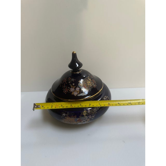 Italian Keramos Capodimonte Cobalt Blue Glaze Ornate Gold Handprinted Peacock and Floral Motif Lidded Round Vase Jar For Sale - Image 14 of 16