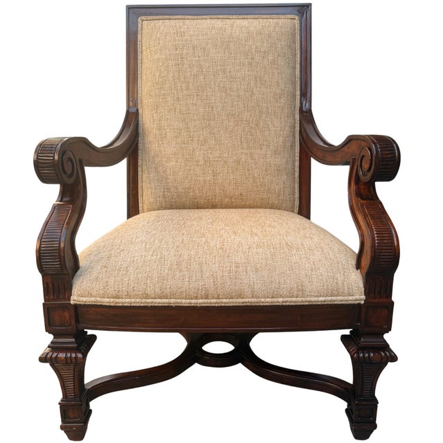 1980s Neoclassical Hand-Carved Mahogany Armchairs With Rolled Arms & X-Stretcher - A Pair For Sale - Image 12 of 14