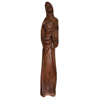 Large Mid Century Hand Carved Wooden Mother and Child Statue For Sale