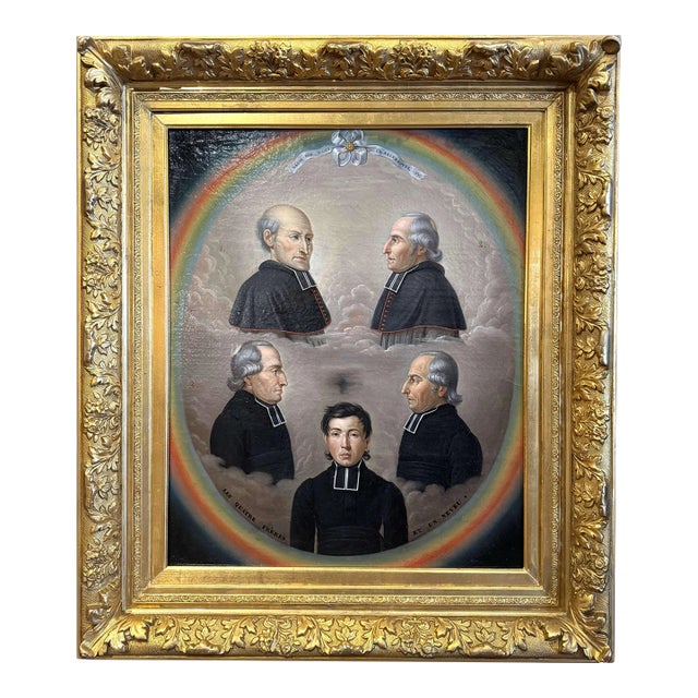 19th Century French Religious Oil Painting of Five Priests in Giltwood Frame For Sale