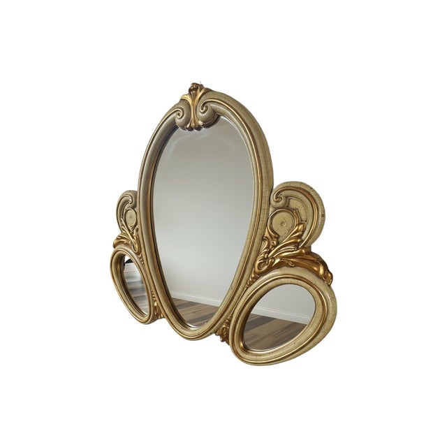 Vintage Large Hollywood Regency Italian Syroco Style Resin Triple Wall Mirror Gold Gilt For Sale In Palm Springs - Image 6 of 10