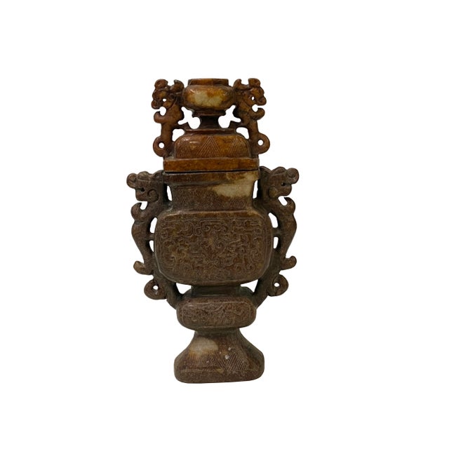 Chinese Brown Color Stone Carved Dragons Flat Jar Display Art For Sale - Image 4 of 8