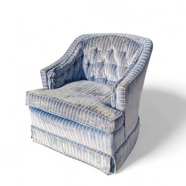 Vintage Blue Striped Velvet Swivel Lounge Chair, Late 20th Century For Sale - Image 4 of 13