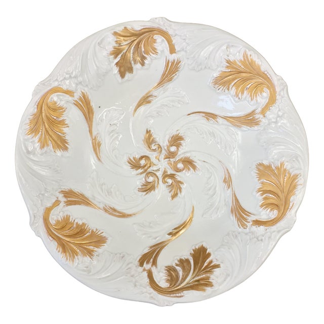 Large Antique Gilt Porcelain Relief Plate from Meissen, Mid-1800s For Sale
